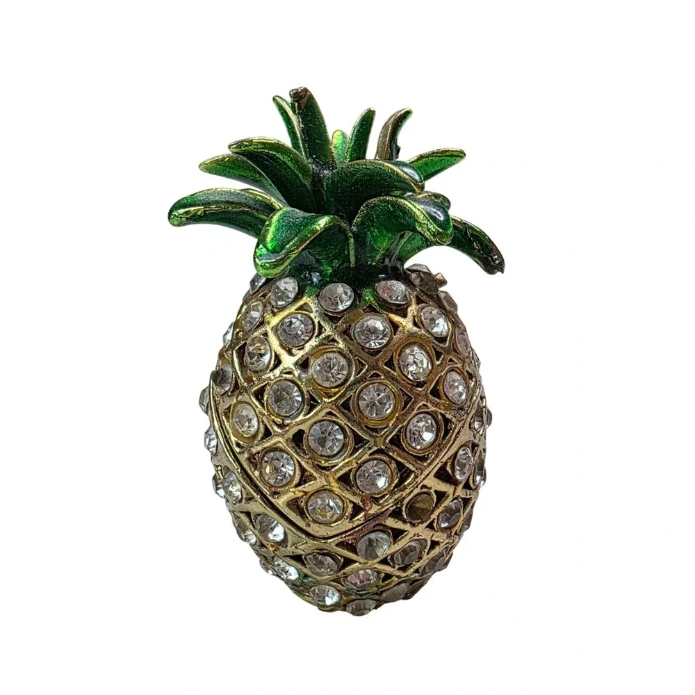Vintage Pineapple Rhinestone Trinket Box‎ Gold Tone Green Enamel Hinged Jewelry